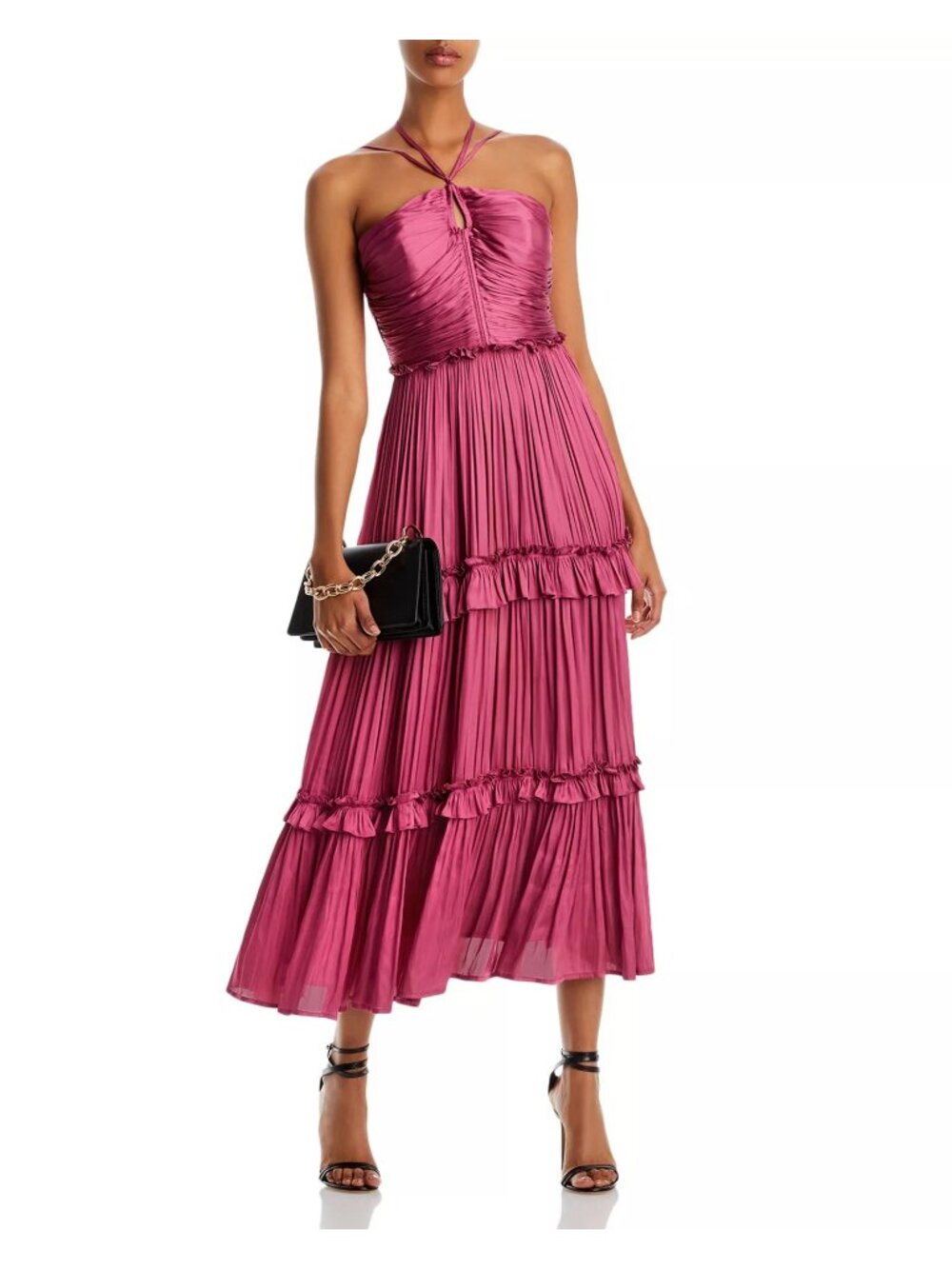 AQUA Strappy Ruched Satin Midi Dress Womens Size M Rose Wedding Guest Formal